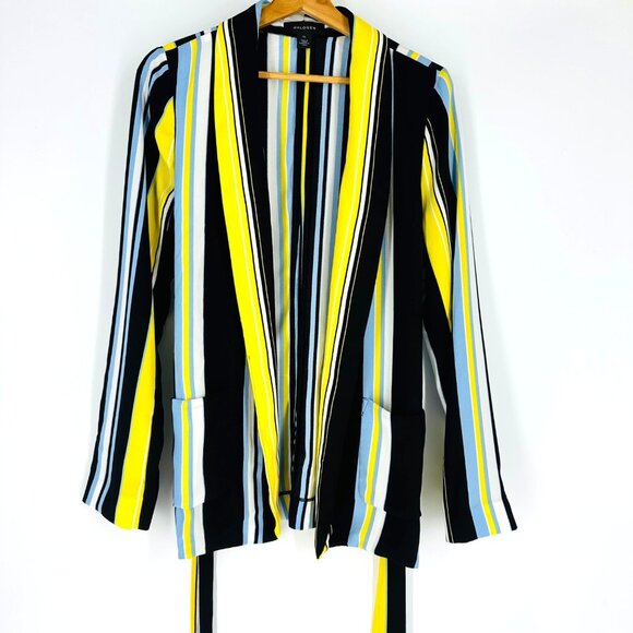 Halogen Blue Yellow Striped Shawl Neck Long Sleeve Tie Waist Pocket Blazer M - Picture 4 of 10